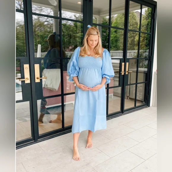 Sleeper 100% linen smocked atlanta dress with puff sleeves, sz s - Picture 3 of 11